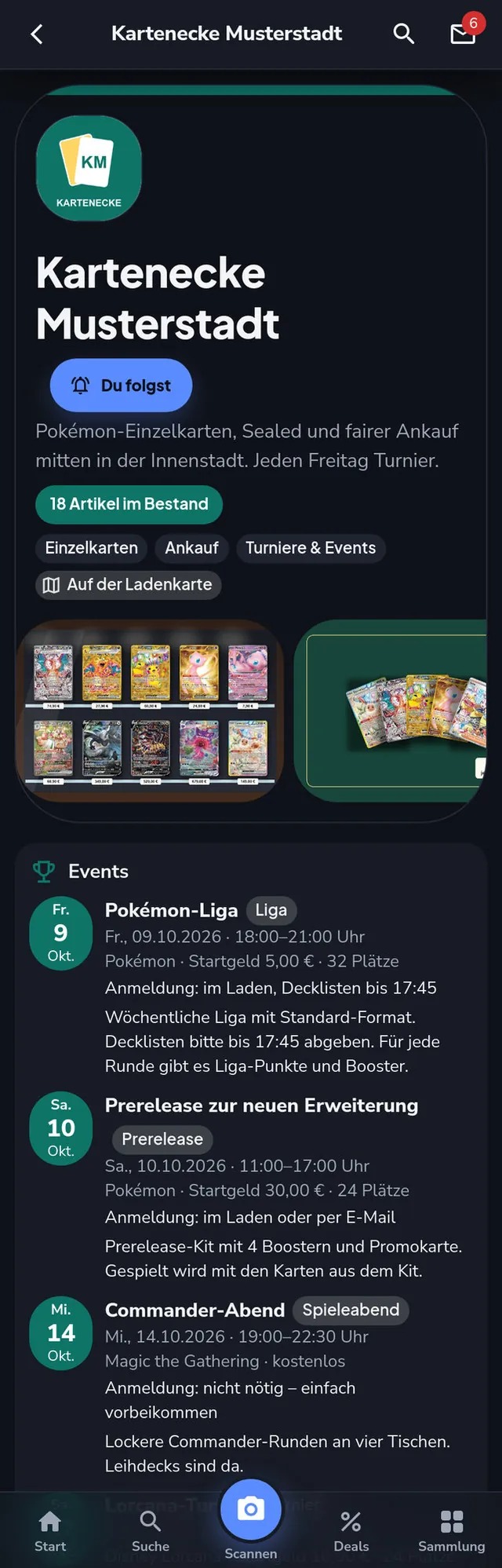 Shop-Seite mit Folgen-Knopf und Events